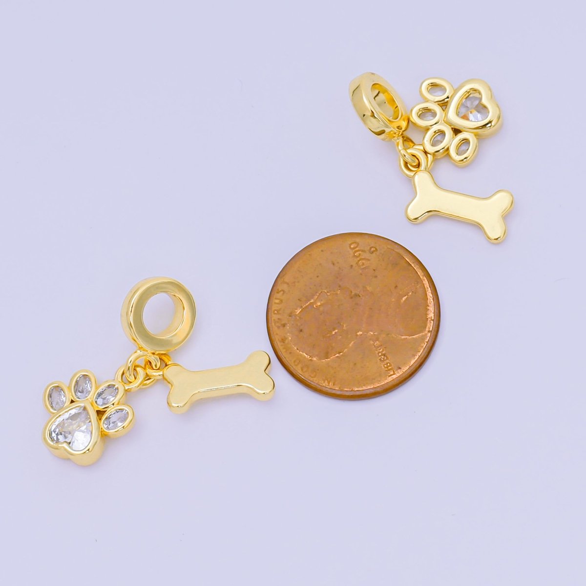 24K Gold Filled 12.5mm Oval & Heart CZ Dog Pet Set Charm in Paw & Bone | AH-648