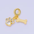 24K Gold Filled 12.5mm Oval & Heart CZ Dog Pet Set Charm in Paw & Bone | AH-648