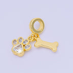 24K Gold Filled 12.5mm Oval & Heart CZ Dog Pet Set Charm in Paw & Bone | AH-648
