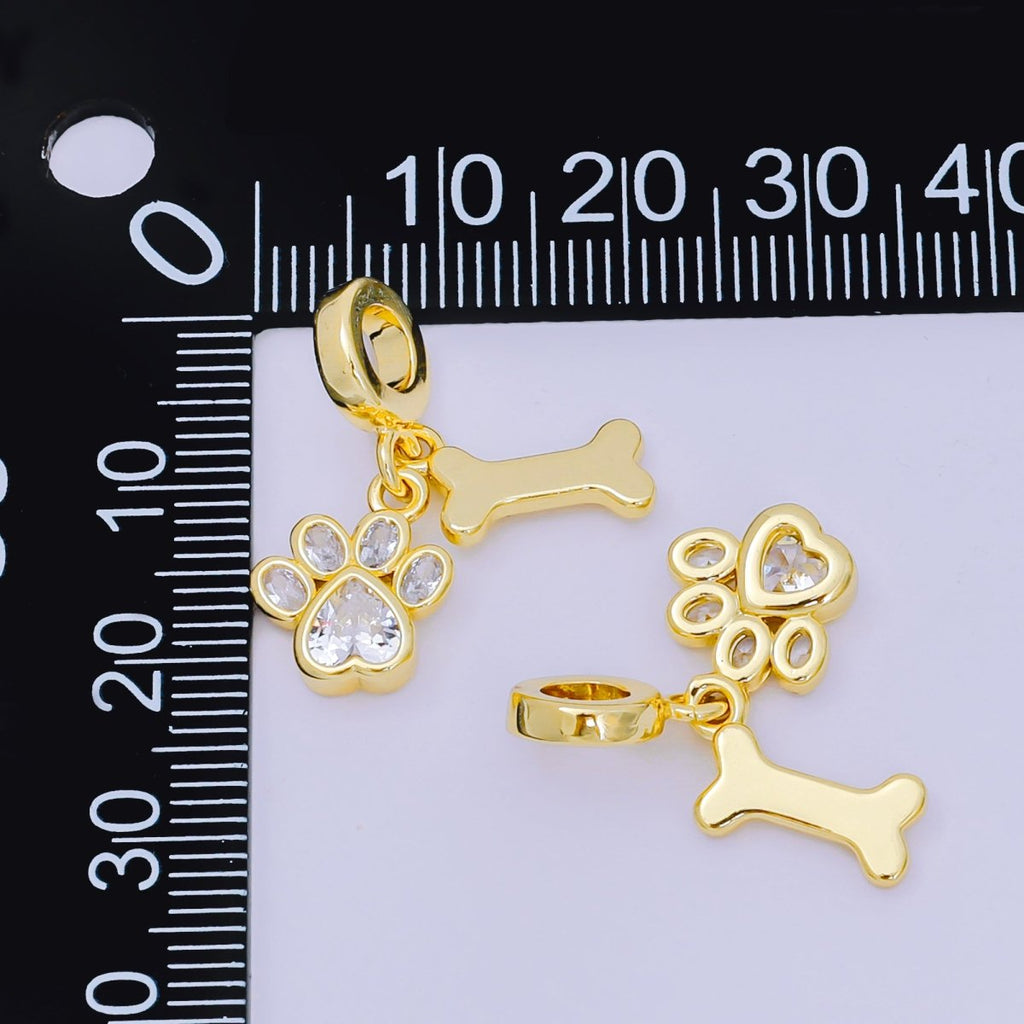24K Gold Filled 12.5mm Oval & Heart CZ Dog Pet Set Charm in Paw & Bone | AH-648