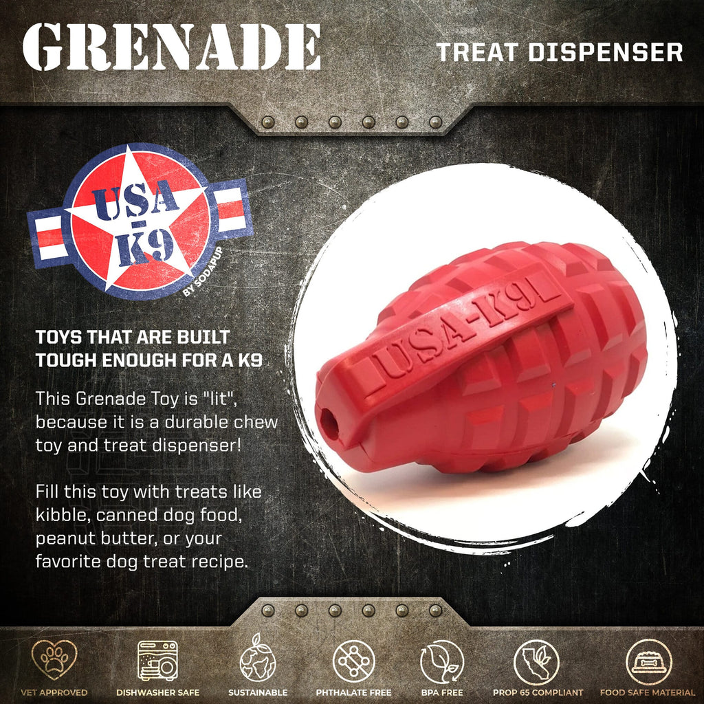 USA-K9 Grenade Rubber Dog Chew Toy | K9 Handler eDispenser Toy | Red & Blue | USA Made