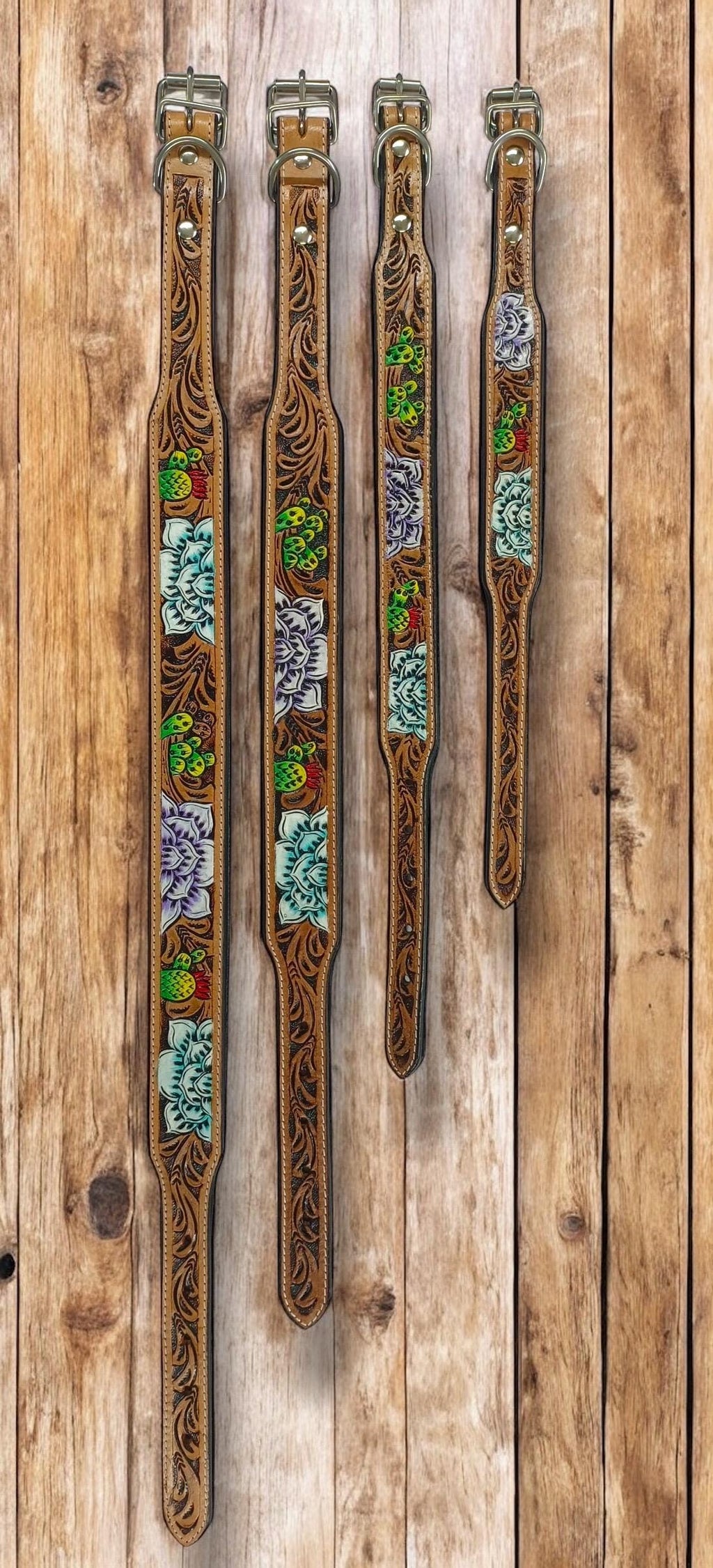Western Genuine Leather dog collar tooled details aces cards sunflower feather rhinestone cactus floral by Double B Wild Rags