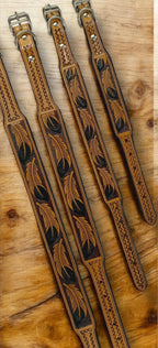 Western Genuine Leather dog collar tooled details aces cards sunflower feather rhinestone cactus floral by Double B Wild Rags